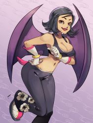 Rule 34 | 1girl, absurdres, amano maya, atlus, breasts, cleavage, commission, cosplay, crossover, floral print, gloves, highres, large breasts, medium hair, midriff, navel, pants, persona, persona 2, purple eyes, rafchu, rouge the bat, rouge the bat (cosplay), sega, shiny skin, shoes, smile, sneakers, sonic (series), sonic riders, tank top, voice actor connection, wings