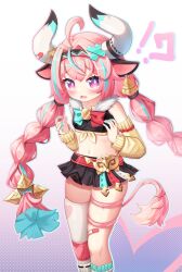 !? 1girl absurdres akimiya_yamiku animal_ears aqua_hair bandaid bandaid_on_leg black_skirt braid breasts cow_ears cow_girl cow_horns cow_tail crop_top fur_trim genshin_impact highres horns long_hair looking_at_viewer midriff multicolored_hair navel pink_hair pink_tail purple_eyes simple_background single_thighhigh skirt small_breasts solo streaked_hair tail thighhighs twin_braids varesa_(genshin_impact) white_background