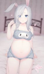 Rule 34 | 1girl, animal ears, barefoot, bed, bedroom, belly, blue eyes, breasts, cleavage, commentary, english commentary, grey hair, hair over one eye, twirling hair, hand on own foot, highres, jarael (rayer), large breasts, medium breasts, mika (lovdere), navel, on bed, original, pajamas, pregnant, rabbit ears, rabbit girl, seiza, signature, sitting, solo, stomach