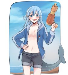 Rule 34 | beach, copyright request, fins, fish tail, food, highres, jacket, mittsu, navel, no bra, non-web source, open clothes, open jacket, popsicle, shark tail, shorts, swimsuit, tail, third-party edit, topless