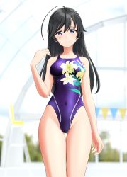 Rule 34 | 1girl, absurdres, ahoge, black eyes, black hair, black one-piece swimsuit, blurry, blurry background, breasts, commentary request, competition swimsuit, covered navel, cowboy shot, floral print, girls und panzer, highres, indoors, isuzu hana, long hair, medium breasts, one-piece swimsuit, purple one-piece swimsuit, solo, string of flags, swimsuit, takafumi, thigh gap