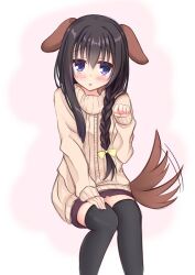 Rule 34 | 1girl, animal ears, black hair, black thighhighs, blush, bow, braid, brown sweater, casual, commentary request, dog ears, dog girl, dog tail, eyes visible through hair, feet out of frame, furrowed brow, hair between eyes, hair bow, hand on own thigh, igarashi kenji, long hair, looking at viewer, miniskirt, motion lines, nijouin hazuki, open mouth, paw pose, pencil skirt, pink background, purple eyes, riddle joker, shy, sidelocks, simple background, single braid, sitting, skirt, sleeves past wrists, solo, straight hair, sweater, tail, tail wagging, thighhighs, yellow bow, zettai ryouiki