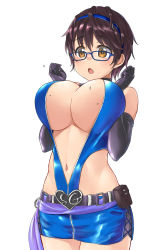 Rule 34 | 1girl, aimobake, belt, bespectacled, black belt, black gloves, blue-framed eyewear, blue hairband, blue shirt, blue skirt, blush, breast press, breasts, brown eyes, brown hair, clothing cutout, cowboy shot, elbow gloves, glasses, gloves, hairband, highres, idolmaster, idolmaster cinderella girls, large breasts, looking at viewer, microskirt, navel, oikawa shizuku, open mouth, pouch, shirt, short hair, side cutout, simple background, skirt, sleeveless, sleeveless shirt, solo, standing, sweat, white background