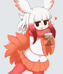 Rule 34 | 1girl, aticotta, black eyes, blunt bangs, blush, cup, drinking straw, gloves, gradient hair, head wings, heart, highres, holding, holding cup, japanese crested ibis (kemono friends), kemono friends, long sleeves, looking at viewer, medium hair, multicolored hair, open mouth, pantyhose, pleated skirt, red gloves, red hair, red pantyhose, red skirt, skirt, smile, solo, white hair, wings