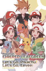 Rule 34 | 2girls, 3boys, :d, absurdres, arm up, baseball cap, blue oak, blue shirt, brown eyes, brown hair, bulbasaur, charmander, chase (pokemon), clenched hand, commentary request, copyright name, creatures (company), eevee, elaine (pokemon), eyelashes, flame-tipped tail, game freak, gen 1 pokemon, grey eyes, grin, hat, highres, holding, holding poke ball, jacket, leaf (pokemon), multiple boys, multiple girls, nintendo, odd (hin yari), one eye closed, open mouth, pikachu, pleated skirt, poke ball, poke ball (basic), pokemon, pokemon (creature), pokemon frlg, pokemon lgpe, red (pokemon), red headwear, red skirt, shirt, short sleeves, skirt, sleeveless, sleeveless shirt, smile, spiked hair, squirtle, teeth, tongue, white headwear
