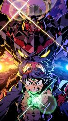 Rule 34 | 1boy, babamba, bandages, bare pectorals, black jacket, blue eyes, blue hair, clenched teeth, drill, glowing, glowing eyes, goggles, goggles on head, gurren-lagann, highres, jacket, jewelry, looking down, male focus, mecha, necklace, pectorals, robot, science fiction, simon (ttgl), super robot, teeth, tengen toppa gurren lagann, topless male, v-shaped eyebrows, yellow eyes