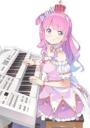 Rule 34 | 1girl, blush, breasts, candy hair ornament, chair, commentary request, crown, earrings, food-themed hair ornament, green eyes, hair ornament, hair rings, heterochromia, highres, himemori luna, himemori luna (1st costume), hololive, instrument, jewelry, kanzaki hiro, long hair, looking at viewer, medium breasts, piano, pink hair, purple eyes, simple background, sitting, smile, solo, virtual youtuber, white background