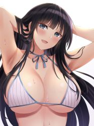 Rule 34 | 1girl, absurdres, armpits, arms up, bikini, black hair, blue eyes, blunt bangs, blush, breasts, commentary request, hands in hair, highres, ikaruga (senran kagura), large breasts, lemonrou, long hair, looking at viewer, open mouth, senran kagura, simple background, smile, solo, striped bikini, striped clothes, swimsuit, upper body, very long hair, wet, white background