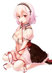 Rule 34 | 1girl, absurdres, apron, azur lane, between legs, black dress, black footwear, breasts, cleavage, commentary request, dress, full body, gradient hair, hair between eyes, hairband, hand between legs, high heels, highres, lace-trimmed hairband, lace trim, large breasts, looking at viewer, mouth hold, multicolored hair, puffy short sleeves, puffy sleeves, purple hair, red eyes, red ribbon, reel (riru), ribbon, ribbon in mouth, shoe soles, shoes, short sleeves, simple background, sirius (azur lane), sitting, solo, thighhighs, waist apron, wariza, white apron, white background, white hair, white hairband, white thighhighs