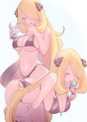 Rule 34 | 1girl, ass, bare shoulders, bent over, bikini, black bikini, blonde hair, breasts, chorimokki, cleavage, cocktail glass, creatures (company), cup, cynthia (pokemon), drink, drinking glass, food, fruit, game freak, hair ornament, hair over one eye, hand on own thigh, ice cream, ice cream cone, large breasts, lemon, lemon slice, long hair, nail polish, navel, nintendo, parted lips, pokemon, pokemon dppt, sideboob, sidelocks, simple background, smile, solo, standing, swept bangs, swimsuit, tongue, tongue out, very long hair, white background, yellow eyes