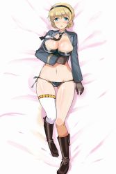 Rule 34 | 1girl, blonde hair, blue eyes, blush, boots, braid, breasts, dakimakura (medium), gloves, groin, hairband, highres, large breasts, looking at viewer, lying, midriff, military, military uniform, navel, necktie, no pants, noble witches, oi ke, open clothes, open mouth, open shirt, panties, rosalie de hemricourt de grunne, shirt, short hair, solo, strike witches, thighhighs, underwear, uniform, world witches series