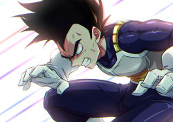 Rule 34 | 1boy, angry, black eyes, black hair, clenched teeth, dragon ball, dragonball z, gloves, highres, looking to the side, male focus, saiyan armor, shumai (sm318), solo, spiked hair, teeth, vegeta, veins, white gloves