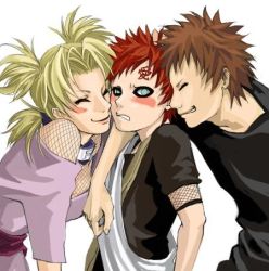 Rule 34 | 1girl, 2boys, artist request, blonde hair, blush, brother and sister, brothers, brown hair, embarrassed, fishnets, gaara (naruto), green eyes, headband, kankuro, lowres, multiple boys, naruto, naruto (series), red hair, siblings, simple background, smile, temari (naruto), white background