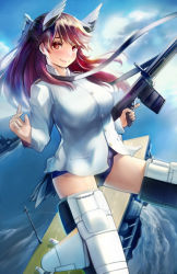 Rule 34 | 10s, 1girl, aircraft carrier, animal ears, blush, brave witches, breasts, brown eyes, brown hair, closed mouth, cloud, comic-z, day, epaulettes, gun, half updo, head tilt, head wings, holding, holding gun, holding weapon, karibuchi takami, large breasts, long hair, long sleeves, looking at viewer, machine gun, matching hair/eyes, military, military vehicle, one-piece swimsuit, outdoors, ship, shirt, sky, smile, solo, striker unit, swimsuit, trigger discipline, warship, water, watercraft, weapon, white shirt, wings, world witches series