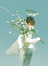 Rule 34 | 1boy, black hair, blue pants, blue sky, bug, butterfly, closed eyes, closed mouth, day, denim, flower, halo, highres, holding, holding flower, insect, long sleeves, male focus, original, outdoors, pants, rido (ridograph), shirt, sky, solo, white flower, white shirt