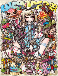 Rule 34 | 1girl, :3, puff of air, alice (alice in wonderland), alice in wonderland, arm strap, blue eyes, blunt bangs, bottle, bracelet, brooch, bullet hole, card, chain, cheshire cat (alice in wonderland), cuffs, dress, facial tattoo, fangs, fish, frilled dress, frills, frog, gun, hair ornament, hair ribbon, hairclip, hat, highres, jewelry, light brown hair, looking at viewer, mad hatter (alice in wonderland), mask, mushroom, one eye closed, original, pig, playing card, project.c.k., queen of hearts (alice in wonderland), rabbit, ribbon, ring, screw, shoes, sitting, spread legs, stuffed animal, stuffed rabbit, stuffed toy, submachine gun, tattoo, top hat, watch, weapon, | |