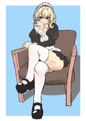 Rule 34 | 1girl, alternate costume, apron, black footwear, blonde hair, blue eyes, braid, breasts, chair, cleavage, colorado (kancolle), commentary, crossed legs, enmaided, full body, highres, kantai collection, large breasts, looking at viewer, maid, maid apron, maid headdress, mary janes, mochizou, panties, pantyshot, pout, shoes, short hair, side braids, signature, sitting, solo, thighhighs, twitter username, underwear, white thighhighs