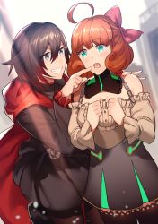 Rule 34 | 2girls, ahoge, bow, cape, commentary request, green eyes, grey eyes, grin, hair bow, multiple girls, orange hair, pantyhose, penny polendina, ruby rose, rwby, smile, thighhighs, tsukasa (ilqmplim)