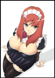 Rule 34 | 1girl, 81diver, breasts, chiro (youkai tamanokoshi), cleavage, from above, huge breasts, maid, maid headdress, mole, mole under eye, red hair, solo, thighhighs, ukeshi