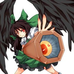 Rule 34 | 1girl, arm cannon, black hair, bow, female focus, hair bow, long hair, puresso, red eyes, reiuji utsuho, simple background, solo, touhou, weapon, wings
