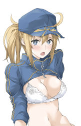 Rule 34 | 1girl, ahoge, baseball cap, blonde hair, blue eyes, blue hat, blue jacket, blush, bra, breasts, cleavage, cropped jacket, fate/grand order, fate (series), hair between eyes, hair through headwear, hat, highres, jacket, large breasts, long sleeves, looking at viewer, mysterious heroine x (fate), mysterious heroine xx (fate), navel, open mouth, ponytail, shrug (clothing), simple background, solo, stomach, underwear, white background, white bra