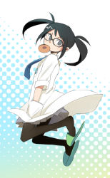 Rule 34 | 1girl, black eyes, black hair, character request, doughnut, food, glasses, hands in pockets, jumping, lab coat, mouth hold, necktie, pantyhose, pop&#039;n music, root@chou dou-ken, short hair, sleeves rolled up, slippers, solo, tobi (daidaikukan), twintails
