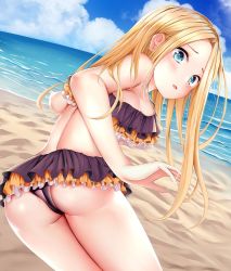 Rule 34 | 1girl, abigail williams (emerald float) (fate), abigail williams (fate), ai (4522167), ass, back, bare shoulders, beach, bikini, black bikini, blonde hair, blue eyes, blue sky, blush, breasts, day, emerald float, fate/grand order, fate (series), forehead, frilled bikini, frills, long hair, looking at viewer, looking back, ocean, official alternate costume, open mouth, outdoors, parted bangs, sky, small breasts, swimsuit, thighs