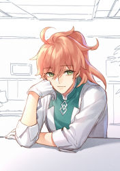 Rule 34 | 1boy, closed mouth, fate/grand order, fate (series), gloves, green eyes, hair between eyes, indoors, jacket, kangetsu (fhalei), light smile, long sleeves, looking at viewer, male focus, orange hair, ponytail, romani archaman, smile, solo, unfinished, sketch background, white gloves, white jacket