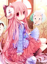 Rule 34 | 1girl, bamboo, bow, bubble skirt, expressionless, hand fan, female focus, fox mask, hata no kokoro, long hair, long sleeves, looking at viewer, mask, moseley, paper fan, petals, pink eyes, pink hair, plaid, plaid shirt, shirt, sitting, skirt, sleeves past wrists, solo, touhou, very long hair