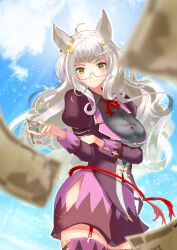 Rule 34 | 1girl, ahoge, animal ears, banknote, biwa hayahide (umamusume), blue sky, bow, breasts, closed mouth, cloud, cloudy sky, commentary request, dress, ear ornament, falling money, grey hair, hair ornament, highres, holding, holding money, horse ears, horse girl, horse tail, juliet sleeves, large breasts, long hair, long sleeves, looking at viewer, money, outdoors, puffy sleeves, purple dress, purple thighhighs, red-framed eyewear, red bow, semi-rimless eyewear, sky, smile, solo, tail, thighhighs, tk (takodagon), umamusume, yellow eyes