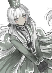 Rule 34 | 1girl, belt, black belt, black gloves, blunt bangs, charon (project moon), closed mouth, dark-skinned female, dark skin, dress, gloves, grey dress, grey eyes, grey hair, grey hat, hat, highres, light blush, limbus company, long hair, long sleeves, low twintails, luull, project moon, simple background, solo, twintails, very long hair, white background