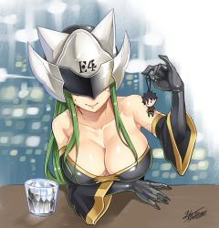 Rule 34 | 1girl, bare shoulders, breasts, cleavage, eden&#039;s zero, green hair, helmet, large breasts, long hair, mashima hiro, official art, shiki granbell, smile, solo, tinted eyewear, very long hair, visor, witch (eden&#039;s zero)
