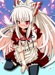 Rule 34 | &gt;:(, 1girl, adapted costume, alternate costume, alternate hairstyle, angel wings, apron, arm grab, arm support, black thighhighs, blue background, blush, bow, breast hold, breasts, dress, embarrassed, enmaided, female focus, frills, frown, fujiwara no mokou, givuchoko, glowing, hair bow, highres, long hair, looking at viewer, maid, maid apron, maid headdress, nose blush, ponytail, red dress, red eyes, seiza, sitting, solo, straight hair, thighhighs, touhou, v-shaped eyebrows, very long hair, white hair, wings, wrist cuffs, zettai ryouiki