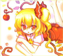 Rule 34 | 1girl, 23, 23 (candy chapus), :d, apple, ascot, barefoot, blonde hair, blush, female focus, flandre scarlet, flat chest, food, frills, fruit, hair between eyes, hair ribbon, leg up, long hair, looking at viewer, lowres, lying, on stomach, one side up, open mouth, orange eyes, puffy sleeves, ribbon, short sleeves, smile, soles, solo, touhou, wavy hair, wings