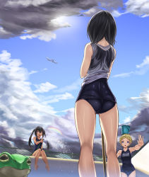 Rule 34 | 3girls, ass, bad id, bad pixiv id, balancing, bare shoulders, barefoot, black hair, blonde hair, blue eyes, bucket, bucket on head, cloud, day, empty pool, frog, from behind, highres, hose, kneepits, long hair, multiple girls, object on head, one-piece swimsuit, original, outdoors, pool, rainbow, school swimsuit, shirt, short hair, sitting, sky, smile, splashing, swimsuit, swimsuit under clothes, tan, twintails, unowen, water, wet, wet clothes, wet shirt