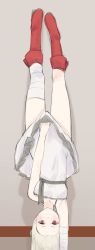 Rule 34 | 1girl, blush, boots, dress, grey hair, handstand, highres, lindruby, looking at viewer, lycoris challenge (meme), meme, one arm handstand, original, red eyes, red footwear, shadow, simple background, sleeveless, sleeveless dress, solo, white dress