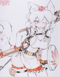 Rule 34 | 1girl, adapted costume, alternate weapon, animal ears, areola slip, bare shoulders, belt, blush, breasts, bridal gauntlets, covered erect nipples, curvy, detached sleeves, dragunov svd, female focus, groin, gun, hand on own hip, hat, hip focus, inubashiri momiji, knife, large breasts, looking at viewer, navel, okiraku nikku, one eye closed, open mouth, red eyes, rifle, sheath, shield, shikishi, shiny skin, short hair, silver hair, simple background, sniper rifle, solo, standing, strap, tail, thighhighs, tokin hat, touhou, traditional media, vest, weapon, white background, white thighhighs, wide hips, wink, wolf ears, wolf tail