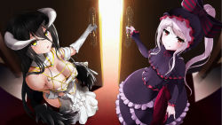 Rule 34 | 2girls, albedo (overlord), bare shoulders, black hair, breasts, carpet, cleavage, closed mouth, detached collar, dress, elbow gloves, enishi nishimiya, from above, gloves, gothic lolita, highres, horns, large breasts, lolita fashion, long hair, long sleeves, looking at viewer, multiple girls, open mouth, opening door, overlord (maruyama), pale skin, purple dress, purple hair, red eyes, shalltear bloodfallen, shiny skin, side slit, sidelocks, smile, standing, white dress, white gloves, yellow eyes