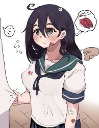 1girl 2others ahoge black_hair black_neckerchief blue_sailor_collar clothes_tug disembodied_hand food grey_eyes hair_between_eyes kantai_collection kokoyashi long_hair multiple_others neckerchief sailor_collar school_uniform serafuku short_sleeves sticker_on_arm sticker_on_face sushi upper_body ushio_(kancolle)