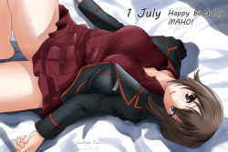 Rule 34 | 1girl, artist name, barefoot, bed sheet, black jacket, brown eyes, brown hair, character name, commentary, dated, dress shirt, english text, girls und panzer, happy birthday, head tilt, highres, jacket, kuromorimine military uniform, leg up, long sleeves, looking at viewer, lying, matsui yasutsugu, military, military uniform, miniskirt, nishizumi maho, on back, on bed, open clothes, open jacket, open mouth, partially unbuttoned, pleated skirt, red shirt, red skirt, shirt, short hair, signature, skirt, smile, solo, uniform, wing collar