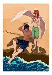 Rule 34 | 2boys, abs, angel devil (chainsaw man), angel wings, beach, black hair, border, brown eyes, brown hair, chainsaw man, copyright name, cup, food, hair between eyes, halo, hayakawa aki, highres, holding, holding cup, holding spoon, ht no9, long hair, looking to the side, multiple boys, shadow, shaved ice, short hair, shorts, sitting, spoon, standing, tongue, tongue out, topknot, water, wet, wet shorts, white border, white wings, wings