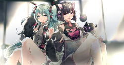Rule 34 | &gt; &lt;, 2girls, animal ear headphones, animal ears, black jacket, black shorts, black sleeves, blue eyes, blurry, blurry background, breasts, cat ear headphones, cat ears, character request, closed mouth, commentary, crossover, cytus, cytus ii, depth of field, detached sleeves, fake animal ears, fingernails, green hair, grey sweater, hair between eyes, hair ornament, hatsune miku, headgear, headphones, highres, jacket, knees up, long sleeves, multiple girls, nail polish, off shoulder, open clothes, open jacket, parted lips, pink nails, rhea (0u0), ribbed sweater, short shorts, shorts, sitting, sleeveless, sleeveless jacket, sleeveless sweater, sleeves past wrists, small breasts, smile, spring onion, sweater, twintails, vocaloid