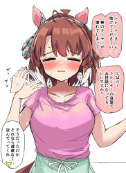 1girl absurdres ahoge alternate_costume animal_ears breasts brown_hair casual closed_eyes collarbone commentary_request dantsu_flame_(umamusume) fanning_face fanning_self gryebooks headband highres horse_girl horse_tail large_breasts open_mouth pink_shirt shirt solo_focus sweat tail translated umamusume white_background