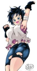 Rule 34 | 1girl, arm up, bandages, bike shorts, black gloves, black hair, blue eyes, breasts, dragon ball, dragonball z, female focus, gloves, highres, kinakomochi (user vedc2333), large breasts, open mouth, purple shirt, shirt, short hair, short sleeves, shorts, signature, smile, solo, sportswear, tank top, thighs, tomboy, tongue, tongue out, torn clothes, undershirt, videl, white background