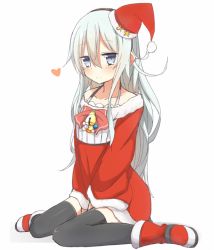 Rule 34 | 10s, 1girl, bad id, bad twitter id, black thighhighs, blush, boots, collarbone, full body, hammer and sickle, hat, heart, hibiki (kancolle), kantai collection, long hair, nonono (mino), santa costume, santa hat, silver hair, simple background, sitting, smile, solo, star (symbol), thighhighs, very long hair, wariza, white background