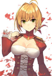 Rule 34 | 10s, 1girl, ahoge, blonde hair, breasts, cleavage, closed mouth, corset, epaulettes, fate/extra, fate (series), hair ribbon, highres, light smile, looking at viewer, medium breasts, mongarit, nero claudius (fate), nero claudius (fate), nero claudius (fate/extra), red ribbon, ribbon, short hair, smile, solo, upper body