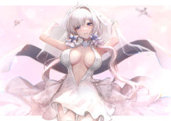 Rule 34 | 1girl, azur lane, blue eyes, blush, breasts, cleavage, dress, flower, gloves, hair ornament, highres, illustrious (azur lane), illustrious (morning star of love and hope) (azur lane), large breasts, long hair, looking at viewer, mole, mole under eye, oregano (olgn eao), smile, solo, tiara, veil, wedding dress, white dress, white gloves, white hair, white legwear