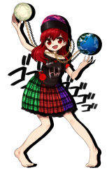 Rule 34 | 1girl, arm up, bare shoulders, barefoot, chain, clothes writing, collar, earth (planet), full body, harusame (unmei no ikasumi), hat, hecatia lapislazuli, highres, looking at viewer, moon, multicolored clothes, multicolored skirt, open mouth, parody, planet, red eyes, red hair, shirt, simple background, skirt, smile, solo, style parody, touhou