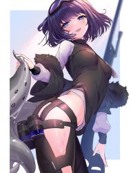 Rule 34 | 1girl, :d, andreana (arknights), arknights, black jacket, black pants, black shirt, blue eyes, blush, breasts, commentary request, elite ii (arknights), goggles, goggles on head, gun, highres, hip vent, jacket, jar, leaning forward, long sleeves, looking at viewer, open clothes, open jacket, open mouth, pants, purple hair, rifle, shawl, shirt, short hair, small breasts, smile, sniper rifle, solo, spica (spica 1510), tail, tentacles, weapon