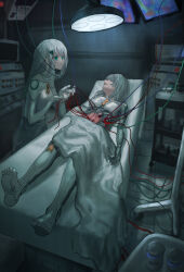 Rule 34 | 2girls, absurdres, arms up, bed, blanket, bodysuit, commentary request, cyborg, expressionless, feet, full body, green eyes, grey hair, grey skirt, hair over eyes, highres, hospital, hospital bed, kyano (kyanora3141), long hair, lying, mechanical arms, mechanical legs, medium hair, monitor, multiple girls, on back, on bed, organs, original, skirt, standing, surgery, tile floor, tiles, white bodysuit, wire